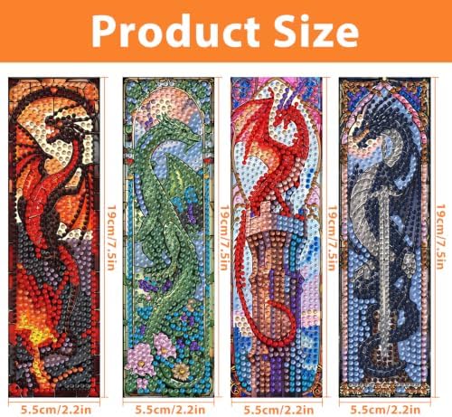 Mandun 4 Pcs Dragon Diamond Painting Bookmark Kits, Special Shaped Diamond Art Bookmarks with Pendant, DIY Dragon Diamond Art Bookmarks with Tassels Crafts Gifts Supplies