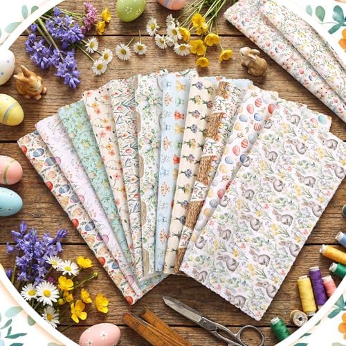 HunnmingRe 20 Pcs 10''x10'' Vintage Easter Quilting Fabric Square Bundle Pastel Bunny Tulips Precuts Quiltted Fabric Boho Flower Printed Patchwork Supplies for Patchwork DIY Sewing Craft