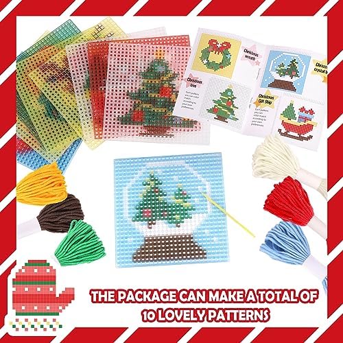 Pllieay Christmas 10-in-1 Cross Stitch Beginner Kit for Kids, Includes Instruction of 10 Different Patterns, 10 Printed Plastic canvases for Needlework, Needlepoint Starter Sewing Set