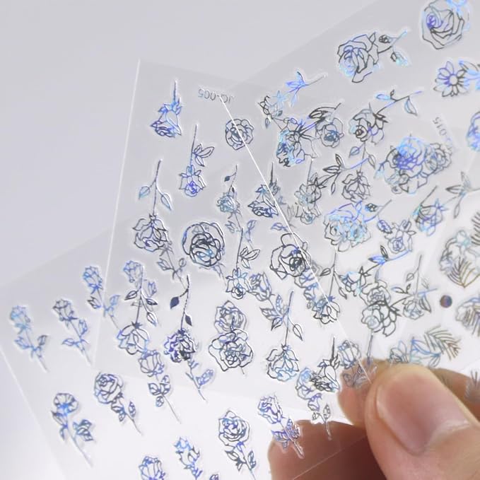 30 Sheets Silver Nail Art Stickers 3D Self-Adhesive Line Nail Decals for Acrylic Nails Lace Leaf Flower Nail Supplies for Nail Art Glitter DIY Design Nail Stickers for Women