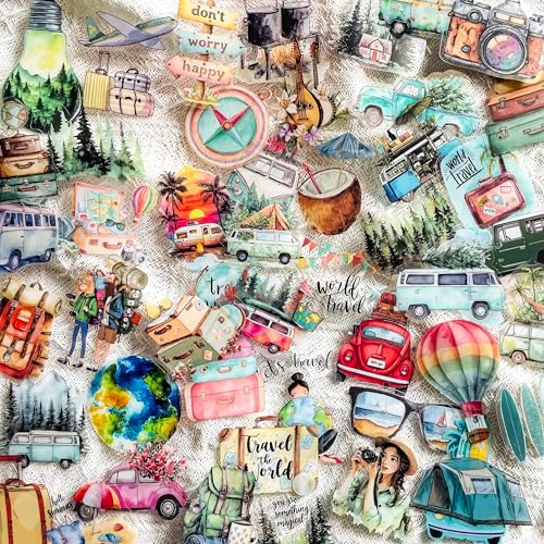 50PCS Vintage Watercolor Travel Stickers – Retro Vacation Clear Aesthetic Outdoor Adventure Stickers for Scrapbooking, Journaling, Luggage, Travel Decor