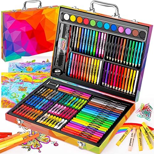 Soucolor 183 Art Drawing Painting Kit, Crayons Pastels Markers, Wooden Case