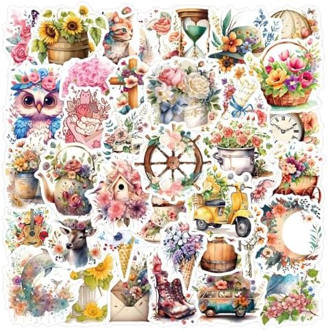 55PCs Beautiful Flowers Stickers Pack, Transparent Stickers for Hydro Flask, Laptop, Water Bottle, Aesthetic Vinyl Waterproof Decals for Toddlers, Teens, Gift & Party Favor Decals(Colourful-K2)
