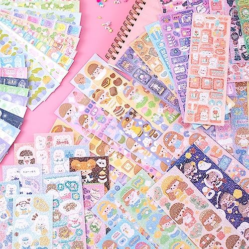 HINZIC 60 Sheets Heart Kpop Stickers for Photocards Kawaii Rabbit Bear Korean Deco Stickers Self Adhesive Card Valentines Stickers for Scrapbooking Arts Craft Gift Teens