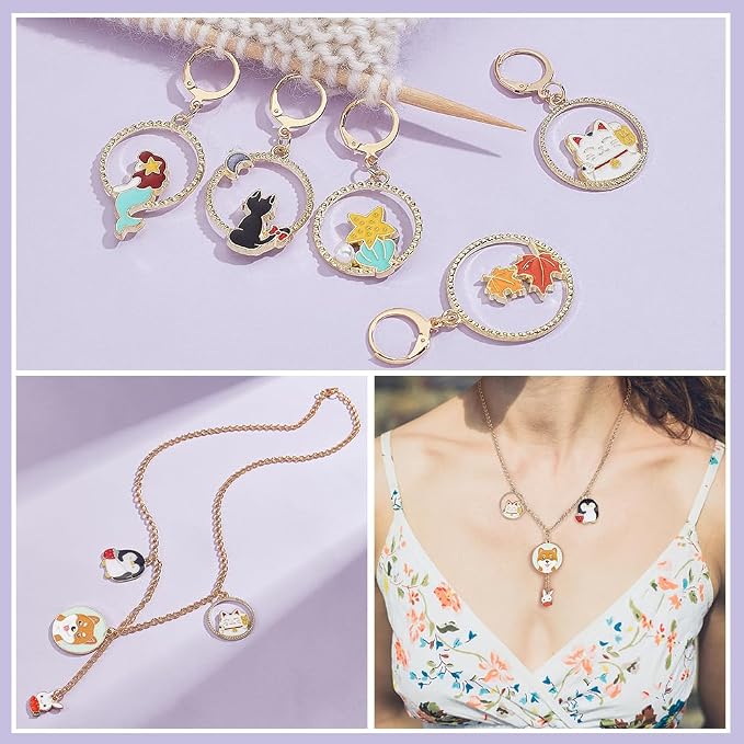 NBEADS 20 Pcs Round Ring Animal Stitch Markers, Alloy Enamel Crochet Stitch Markers 304 Stainless Steel Clasp Locking Charm for Knitting, Weaving, Sewing, Jewelry Making
