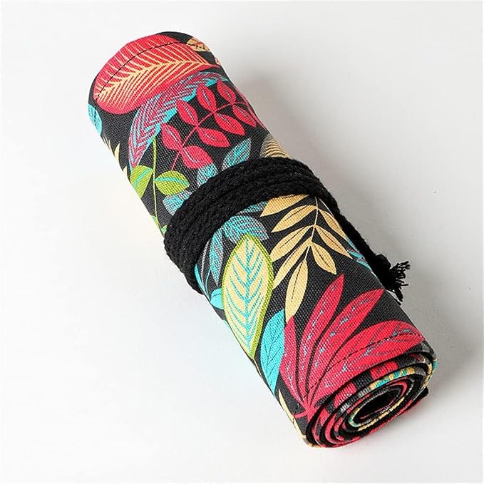 DIYOMR 12/24/36/72 Slots Pencil Wrap Pencil Rolls, Artist Colored Pencil Roll Up Bag Short Brush Pouch Case Pencils Organizer for Drawing Coloring and Sketching, No Pencils (Colorful Leaves, 12slots)