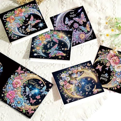 antor 6 Pcs 5D Rhinestone Painting Greeting Cards Kits, Handmade Festival Greeting Cards with Envelopes Holographic Shimmer Design DIY Diamond Art Crafts Birthday Cards for Adults (Butterfly Moon)