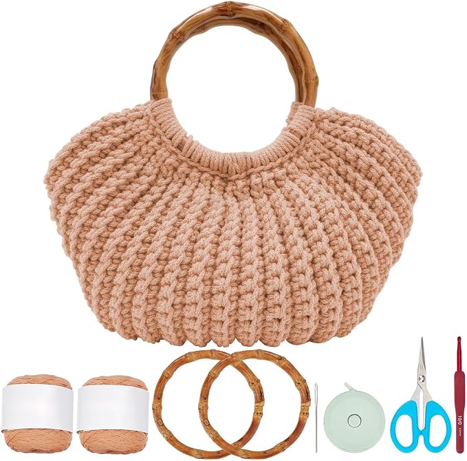 ACRNIGHEET Crochet Bag Kit for Adults Khaki Handbag Kit for Beginners Tote Bag Set with Step-by-Step Instructions and Video Guidance