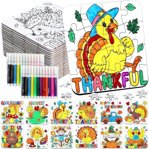24Set Fall Thanksgiving Crafts for Kids Toddlers Adults, Thanksgiving Art Craft DIY Kit Blank Puzzle Pumpkin Turkey, Autumn Classroom Activities for Party Favors Gift Coloring Games Toys Supplies Bulk