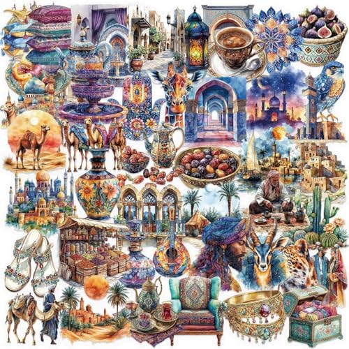 50PCS Arabian Middle Eastern Stickers for Scrapbooking, Clear Vintage Desert Islamic Mosaic Palace Camel Lantern Journal Stickers for Junk Journal Planner Crafts Watercolor Aesthetic Decor