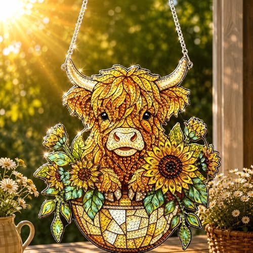 HMZephitiquc Highland Cow Hanging Diamond Art Kits for Adults, Special Shaped Crystal Diamond Painting Suncatchers, 5D Gem Art, Sun Catchers DIY Craft Kits for Gift Home Decor
