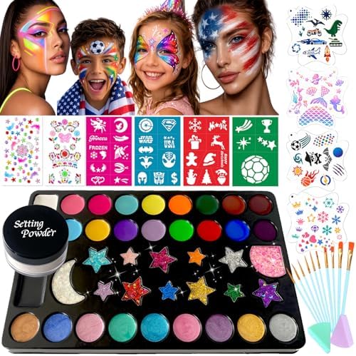 Face Painting Kit, Oil Based Body Paint Waterproof Sweatproof Non-Toxic Facepaint Palette with Brush, Stencil, Sponge, Gem, for Party Halloween 4th of July World Cup (40 Colors Kit + Setting Powder)