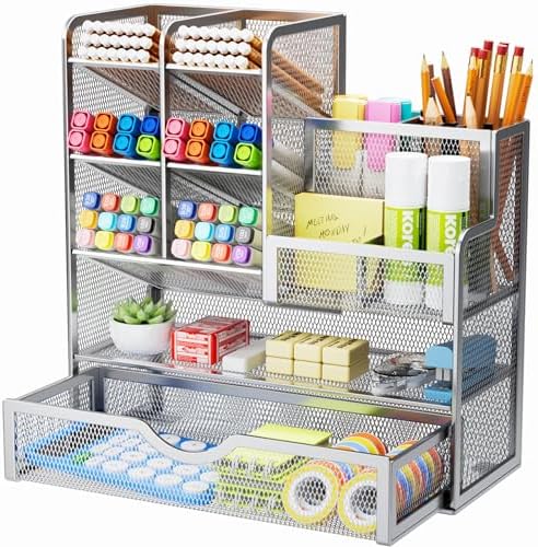 Marbrasse Mesh Pen Holder for Desk, Pen Organizer with Drawer, Multi-Functional Pencil Organizer, Desk Organizers and Accessories for Office Art Supplies (Silver)