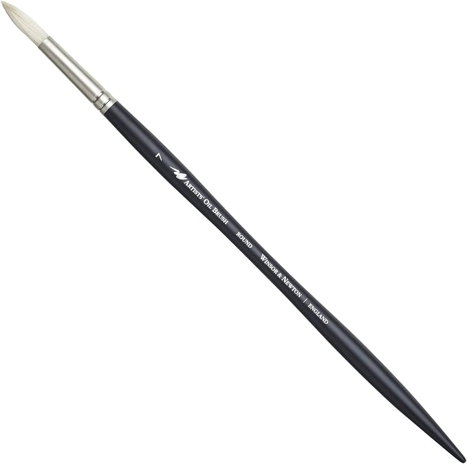 Winsor & Newton Artists' Oil Hog Paint Brush, Long Handle Size 7, Round | Handcrafted with interlocked Chungking bristles; Have spring, stiff, & flagged allowing large amounts of colour to be carried