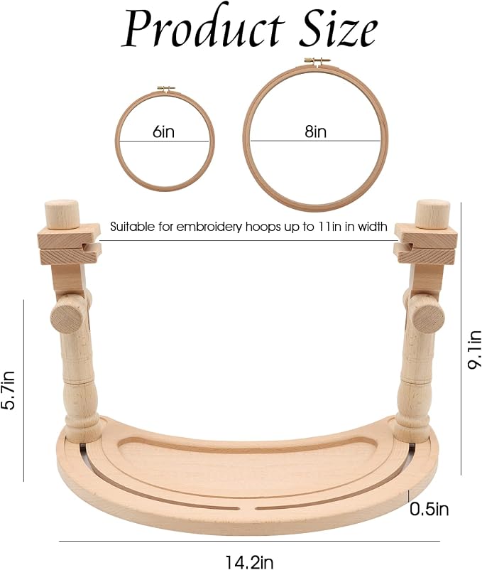 ZOCONE Multifunctional Beech Wood Embroidery Hoop Stand with 2 Pcs 6'' 8'' Embroidery Hoops, Adjustable Rotated Embroidery Stand Cross Stitch Stand, Embroidery Hoop Holder for Embroidery Project (D)