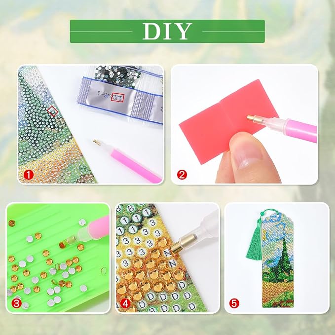 icceemee 4 pcs Oil Painting Themes Diamond Painting Bookmarks, DIY Diamond Art Kits for Adults, Book Corner - Protecting Bookmark Craft Supplies Kits for Book Lovers