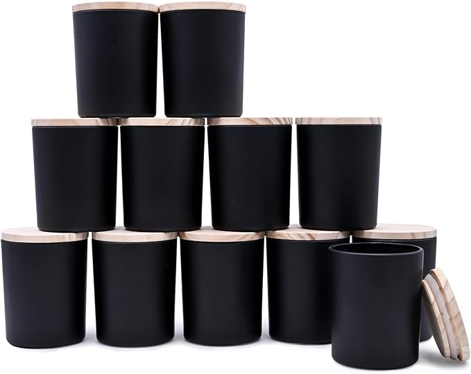 SHOWIN Thick Candle Jars for Making Candles 12 Pcs, 7 OZ Empty Jars with Wood Lids for Candle Making, Sample Container, Matte Black