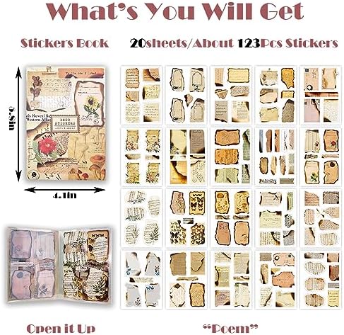 Junk Journal Stickers for Scrapbooking, 120Pcs Retro Flower Butterfly Nature Poem Stamp Letter Decorative Stickers for Scrapbook, DIY Crafts Album Phone Cases Laptops Calendars Notebook (Poem)
