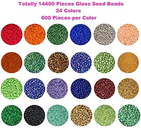 EuTengHao 14400pcs Glass Seed Beads Small Craft Beads for DIY Bracelet Necklaces Crafting Jewelry Making Supplies with Two 0.5mm Clear Bracelet String (600Pcs Per Color, 24 Colors)