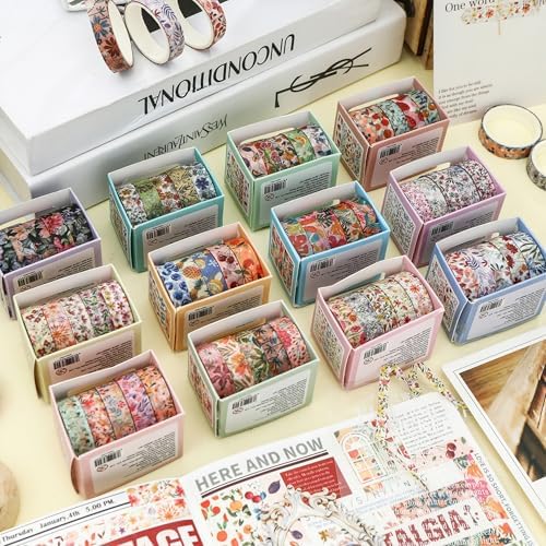 Flowers Washi Tape Set 60 Rolls Floral Patterns Decorative Skinny Blooms Masking Tapes for Arts, DIY Crafts, Journals, Planners, Scrapbook, Wrapping (Summer)