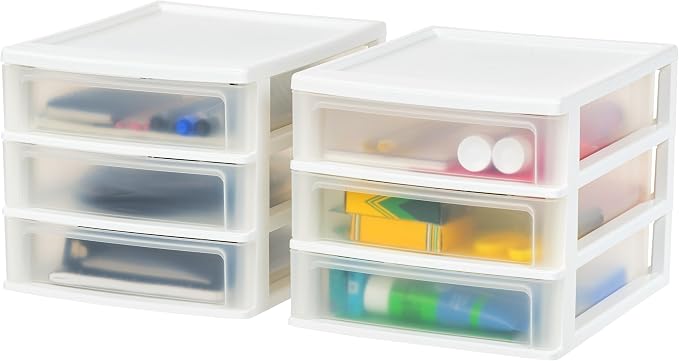 IRIS USA 2-Pack, 3-Drawer Medium Plastic Stacking Desktop Organizer, White
