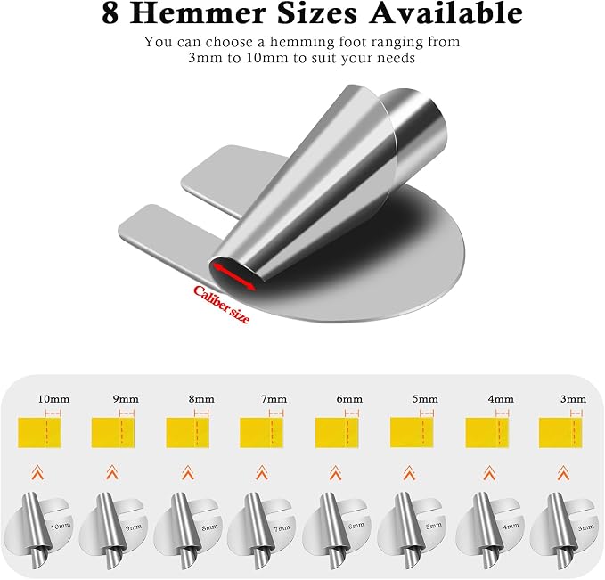 TIGARI Sewing Rolled Hemmer Foot, 8 Sizes Rolled Hem Presser Foot, Wide Rolled Hem Pressure Foot Sewing Machine Feet Hemming Machine Hand Sewing Machine Sewing Accessories