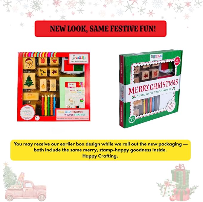 48 Piece Merry Christmas Craft Kit Wooden Stamp Set with Ink Pads Colored Pencils Stickers Cards Envelopes DIY Holiday Card Making Set for Kids Adults Classrooms Festive Family Fun