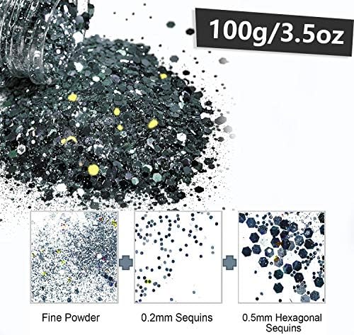 HEMOER Silver Grey Glitter, 100g/3.5oz Holographic Chunky Glitter Mixed Hexagon Chunky & Fine Flakes Iridescent Sequins for Epoxy Crafts, Resin, Nail Body, Tumblers, Festival Party