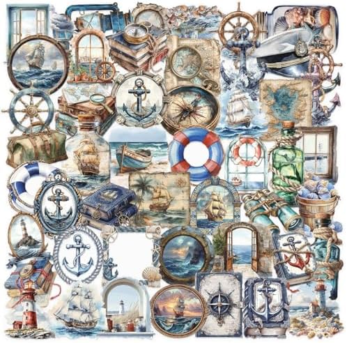 50 PCS Retro Sailing Stickers for Scrapbooking Journaling Junk Journal Scrapbook Supplies - Waterproof Transparent PET Aesthetic Decals for Resin Crafts Decorative Art Crafts (Retro-2)