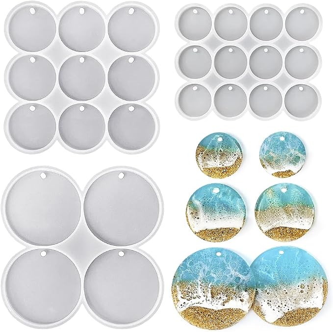 RESINWORLD 25-Cavity Set of Large + Medium + Small Shiny Flat Circle Silicone Mold, Drilled Round Earrings Pendant Mold, Keychain, Pet Tag Resin Mold