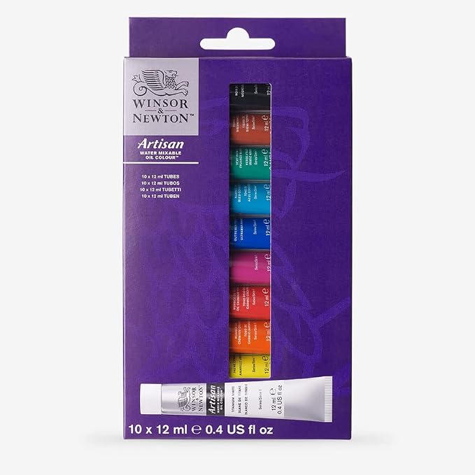 Winsor & Newton Artisan Water Mixable Oil Paint Set, 10 x 12ml Tubes | Clean with water; no solvents needed. Color depth, lightfastness, opacity/transparency are the same as traditional oils.