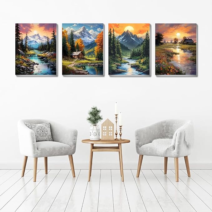 4 pack Mountain Paint by Numbers Kit for Adults Beginner With Framed,Countryside Easy Adult Paint by Number Kits on Canvas DIY Painting for Beginners Art by Numbers for Home Wall Decor 10x12 Inch