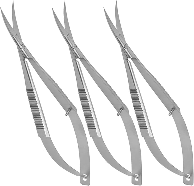 Micro Scissors 5.5" Curved Set of 3 Stainless Steel Embroidery Scissor Extra Sharp Sewing Arts & Craft Applique Stitch Cutting for Grooming Eyebrow Eyelash and Spring Action Squeeze Scissors.