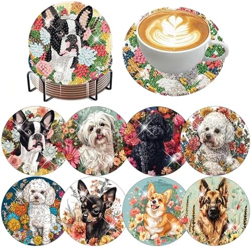 8 Pack Diamond Art Coasters,Dog Flowers Diamond Painting Coasters Kits