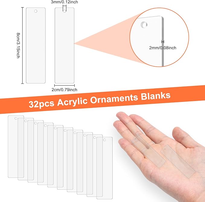 32Pcs Clear Acrylic Keychain Blanks Acrylic Ornaments Blanks Transparent Acrylics Keychain Blank with Hole for Vinyl, Christmas Decor, Engraving, Painting, DIY Crafting