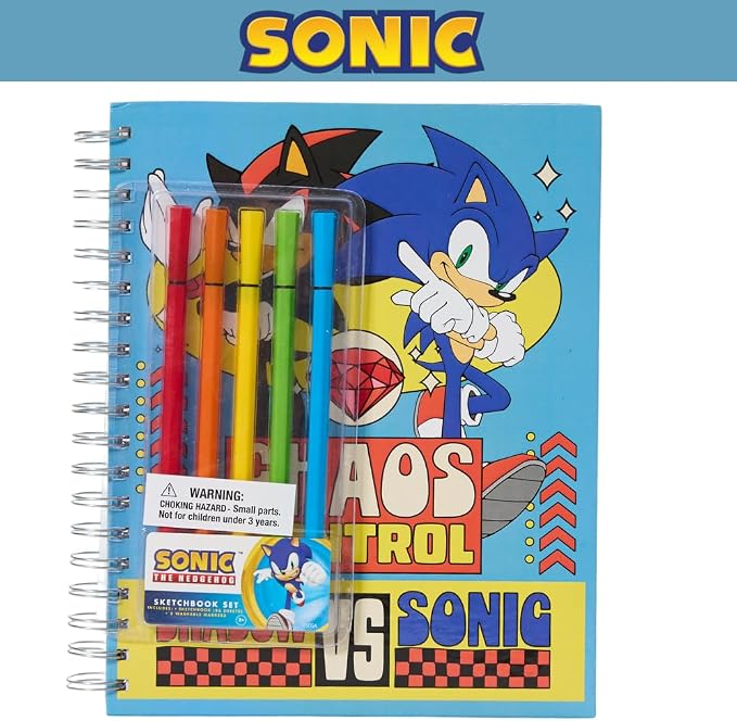 Sonic The Hedgehog Sketchbook for Kids with Washable Markers, 86 Blank Pages Spiral Bound, Sonic and Shadow