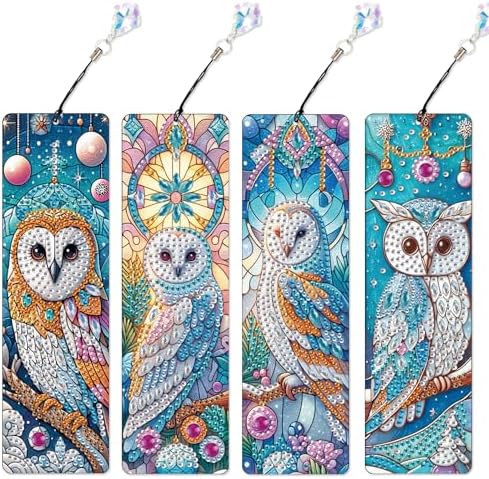 4-Piece DIY 5D Diamond Painting Bookmark Kits, Owl Special Shaped Crystal Rhinestones Book Marks, Handmade Diamond Art Bookmarks with Crystal Pendant Tassels, Decorative Craft Gift Set for Adults