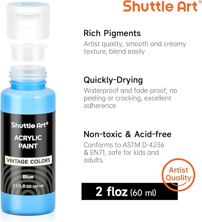 Shuttle Art Acrylic Paint Set, 25 Vintage Colours, 2oz/60ml Bottles, Rich Pigmented, Premium Acrylic Paints for Artists, Beginners and Kids on Rocks Crafts Canvas Wood Ceramic