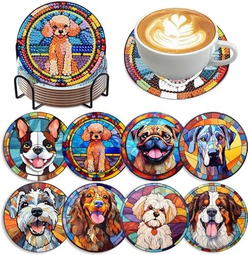 Zythron 8 Pack Dog Diamond Art Coasters,Diamond Painting Coasters Kits