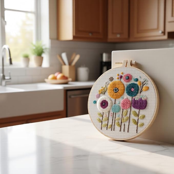 Embroidery Kit for Beginners & Adults Starter Kit, Cross Stitch Kits,DIY Hand Embroidery Needlepoint Set with Hoop, Pre-Printed Fabric, Threads and Instructions (Flower-3)