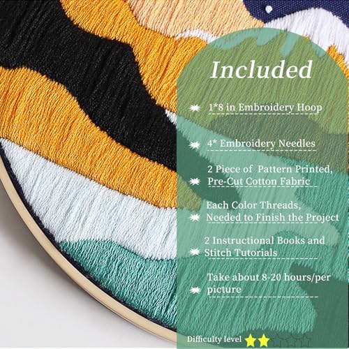 FONNUY 2 Set Embroidery Kit DIY for Adult Beginner, Pre-Stamped Patterns Mountain Sea Embroidery Kits with Hoop, Colored Threads and Needles, Easy to Follow Needlework (Blue)