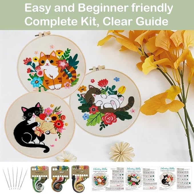 Nuberlic 3 Pack Cat Embroidery Kit for Beginners Adults