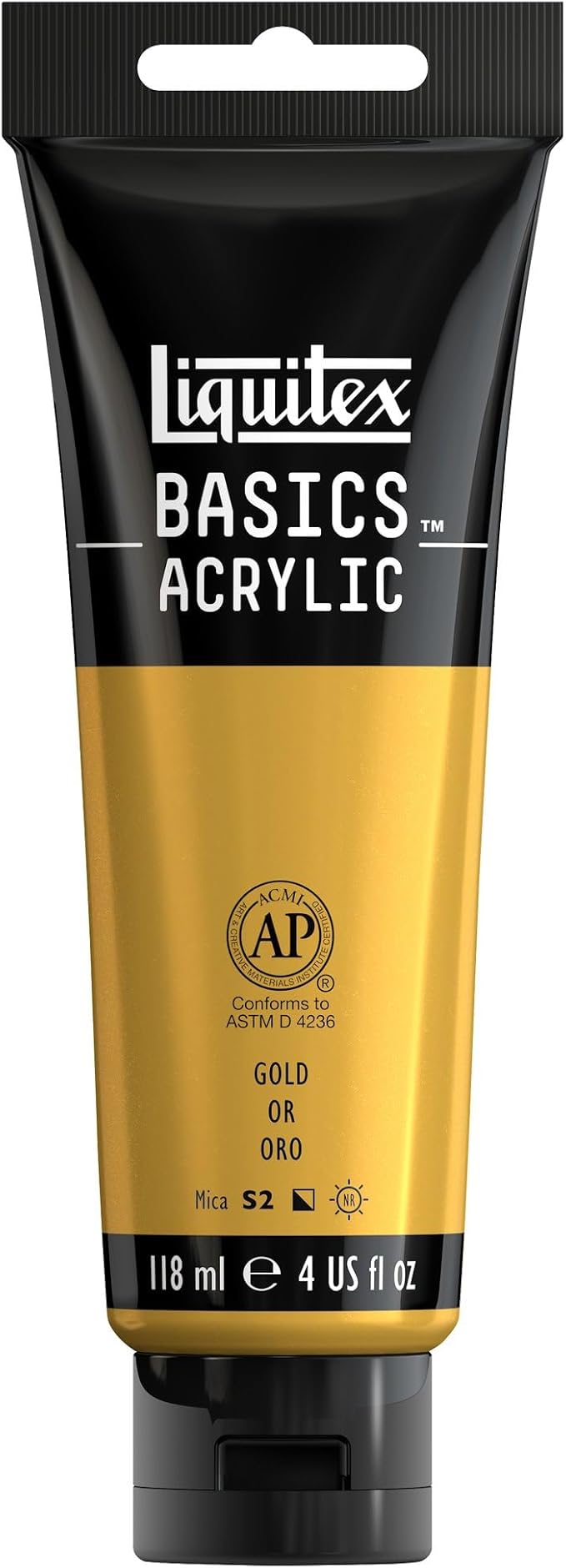 Liquitex BASICS Acrylic Paint, 4-oz Tube, Gold | Medium Viscosity, Satin Finish, Lightfast, Fine Art Pigments, Range of Opacities, Easy Blending