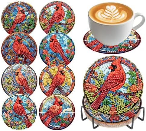 Christmas Cardinal Diamond Art Coasters Kit,8 Pcs Diamond Painting Coasters