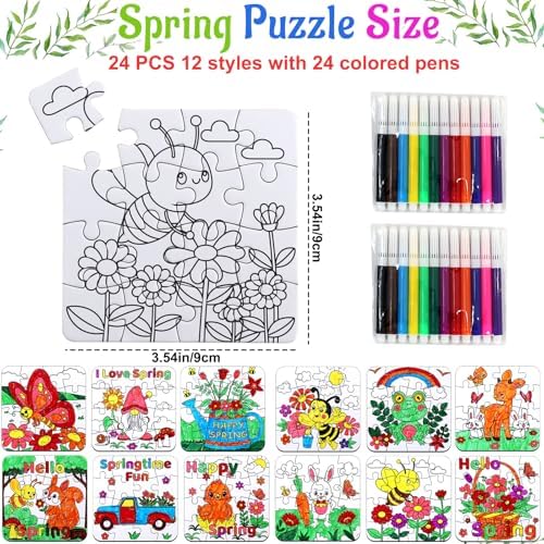 24Pcs Spring Arts and Crafts for Kids & Adults Bulk, Spring DIY Craft Puzzle Kit with Flower Butterfly Bee Bunny, Easter Activities Jigsaw for Classroom Party Favors April Gift Break Projects Supplies