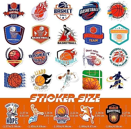 Basketball Stickers for Kids Teens Adults, 100PCS Vinyl Waterproof Basketball Sports Stickers for Water Bottle Laptop Skateboard