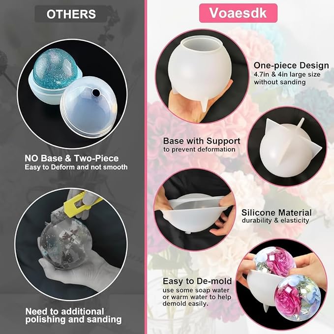 Silicone Resin Sphere Mold Set, White, 4.7" and 3.9" Large Round Ball Molds for Flower Preservation, Epoxy Resin Casting, Candles, Soap Making, DIY Crafts, 2 Pack