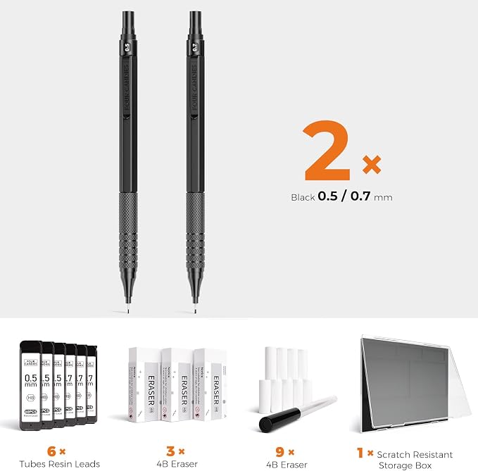 Four Candies 2PCS 0.5mm & 0.7 mm Metal Mechanical Pencils Set, 360PCS Lead Refills, 12 Erasers, Cool Lead Pencil with Case for School Writing, Sketching, Technical Work, Art Projects, Black