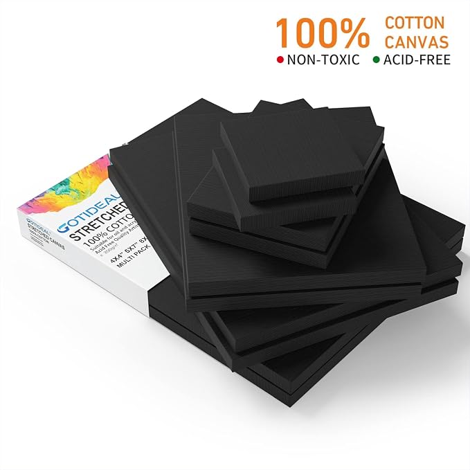 GOTIDEAL 10Pcs Black Canvases, Multi Pack 4x4, 5x7, 8x10, 9x12, 11x14 | Stretched Canvases, Set of 10, Primed 100% Cotton, Artist Blank Canvas Boards for Painting, Acrylic Pouring, Oil Paint Art