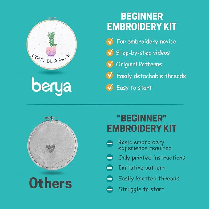 BERYA Cactus Embroidery Kit Including Video Step by Step Instructions Embroidery Hoop,Color Threads and Embroidery Scissors for Beginners-Handmade Needlepoint Kits for Adults